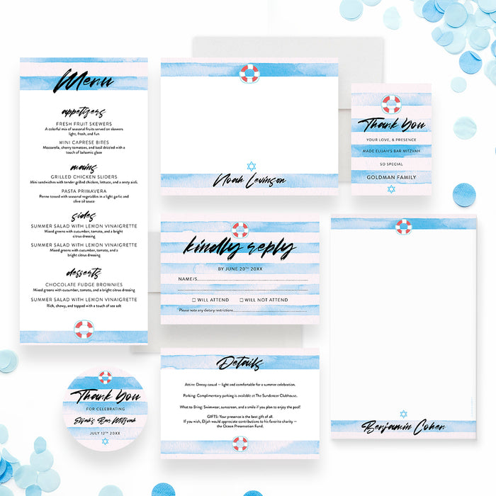 Blue Bar Mitzvah Invitation Pool Party Invite for Boy
