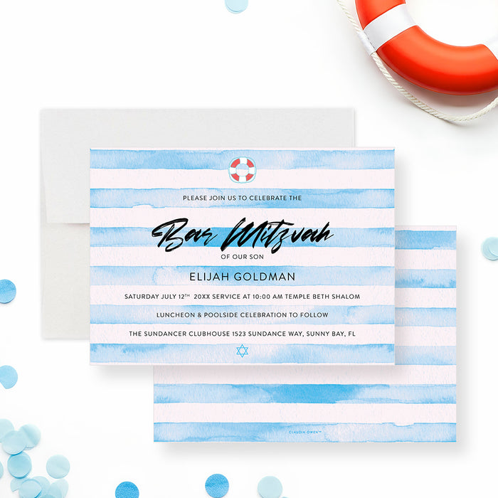 Blue Bar Mitzvah invitation featuring watercolor stripes with a pool party theme and modern layout for a boy’s celebration-front-back