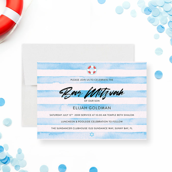Blue Bar Mitzvah invitation featuring watercolor stripes with a pool party theme and modern layout for a boy’s celebration-front