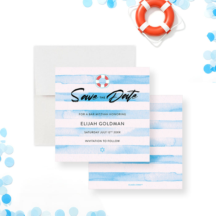 Blue Bar Mitzvah save the date with a pool party theme. Modern watercolor stripes design perfect for stylish celebrations and memorable events-front-back