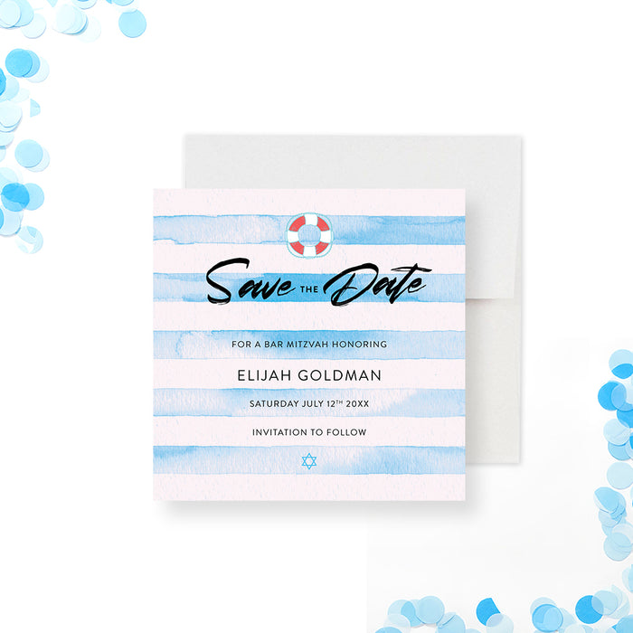 Blue Bar Mitzvah save the date with a pool party theme. Modern watercolor stripes design perfect for stylish celebrations and memorable events-front