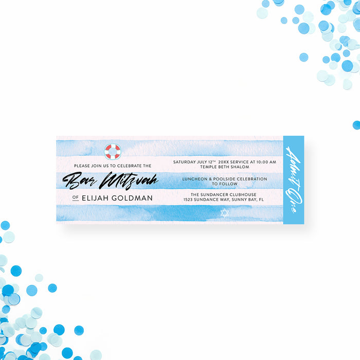 Blue Bar Mitzvah ticket invitation featuring watercolor stripes with a pool party theme and admit one layout for a boy’s celebration