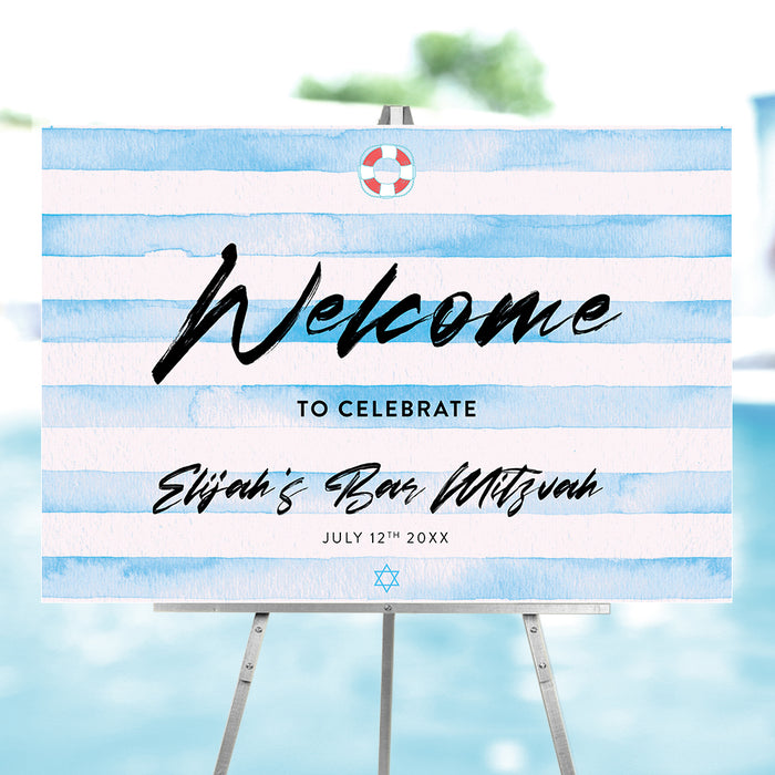 Blue Bar Mitzvah welcome sign featuring watercolor stripes with a pool party theme on a large entrance poster for a boy’s celebration