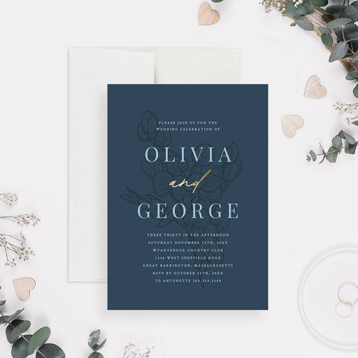 A digital wedding invitation with a navy background, floral accents, and the names displayed prominently in elegant typography.