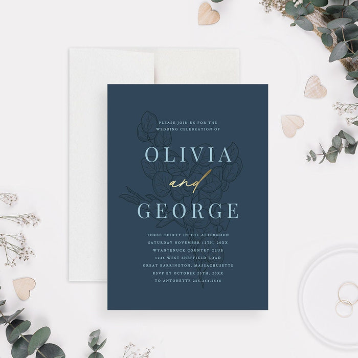 A digital wedding invitation with a navy background, floral accents, and the names displayed prominently in elegant typography.