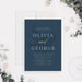 A digital wedding invitation with a navy background, floral accents, and the names displayed prominently in elegant typography.