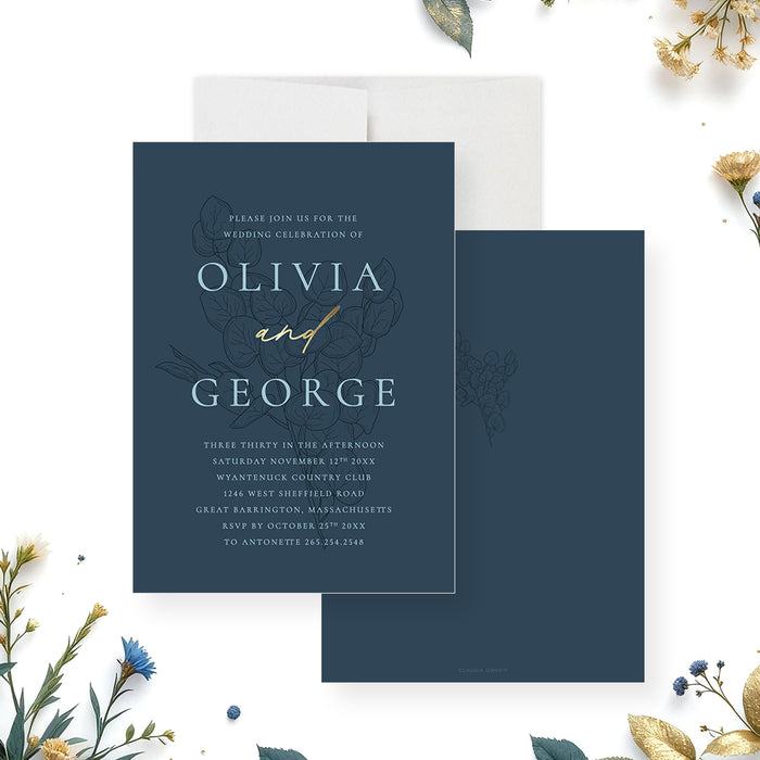 blue floral wedding invitation with vintage botanical design and elegant typography for a romantic wedding celebration-front-back