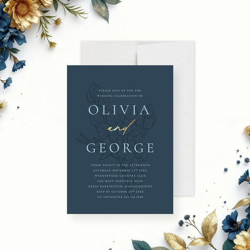 blue floral wedding invitation with vintage botanical design and elegant typography for a romantic wedding celebration-front
