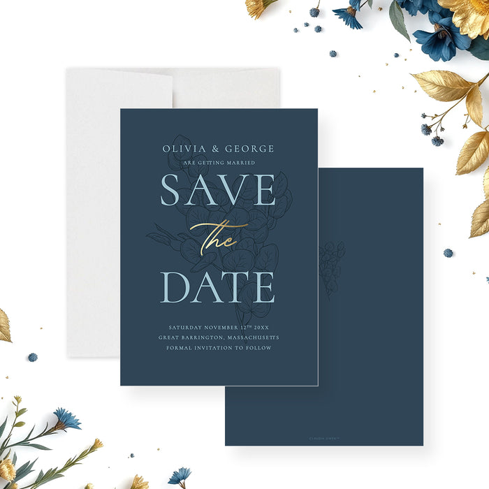 dusty blue floral wedding save the date card with botanical foliage design for romantic garden wedding celebrations-front-back