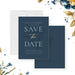 dusty blue floral wedding save the date card with botanical foliage design for romantic garden wedding celebrations-front-back