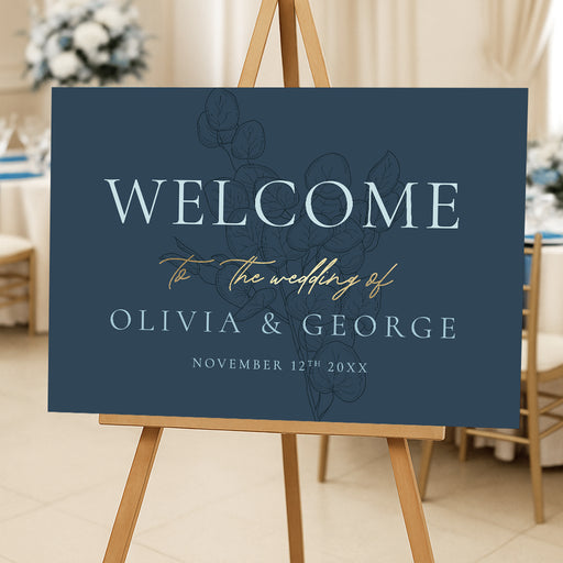 dusty blue wedding welcome sign with botanical foliage design for romantic garden wedding ceremonies and receptions