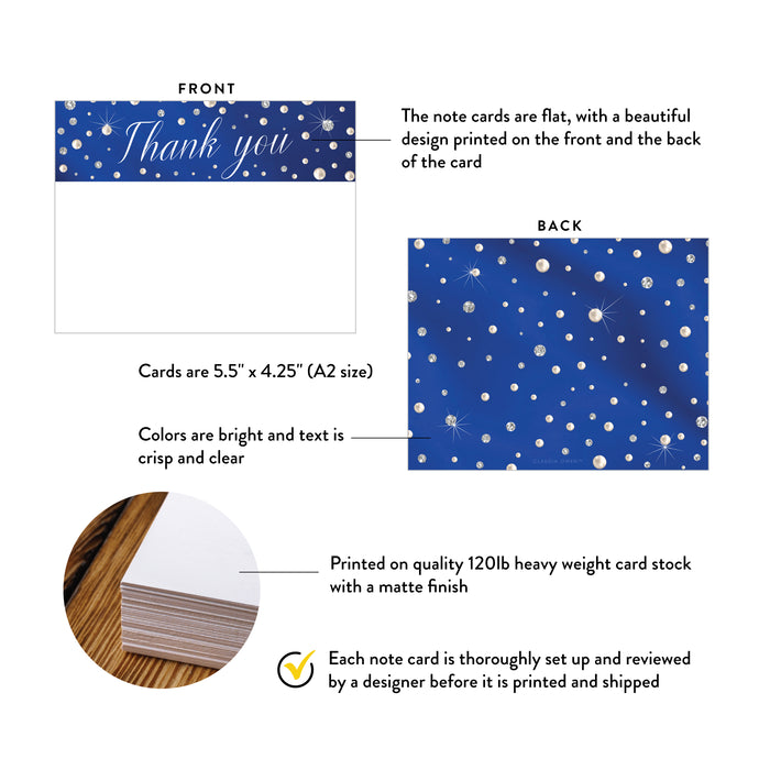 Front and back of blue diamonds and pearls thank you note cards showing A2 dimensions and matte cardstock details.