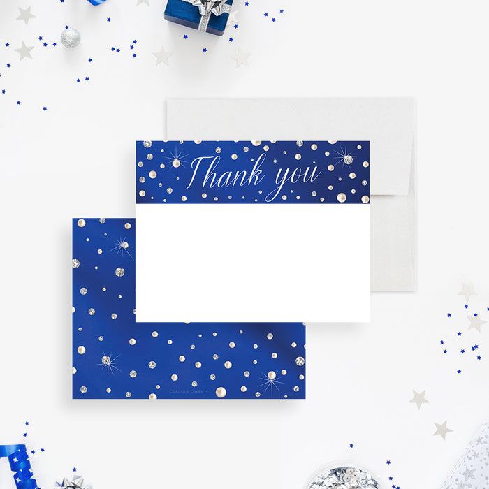 White thank you note card with a blue header decorated with printed diamonds and pearls, beside a matching blue patterned back.