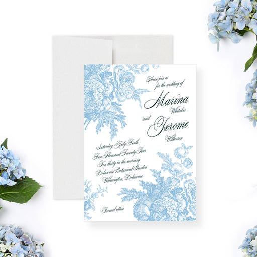 Elegant blue floral wedding invitation with botanical design