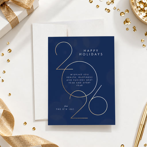 Blue and gold personalized holiday greeting card with oversized gold year lettering, a holiday message, and company name.