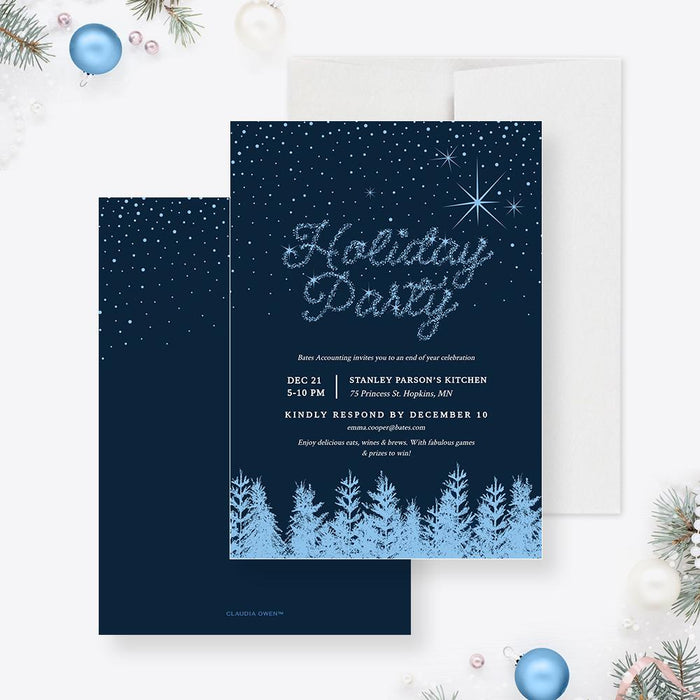 navy holiday party invitation featuring sparkling script snowy sky and winter tree silhouette
