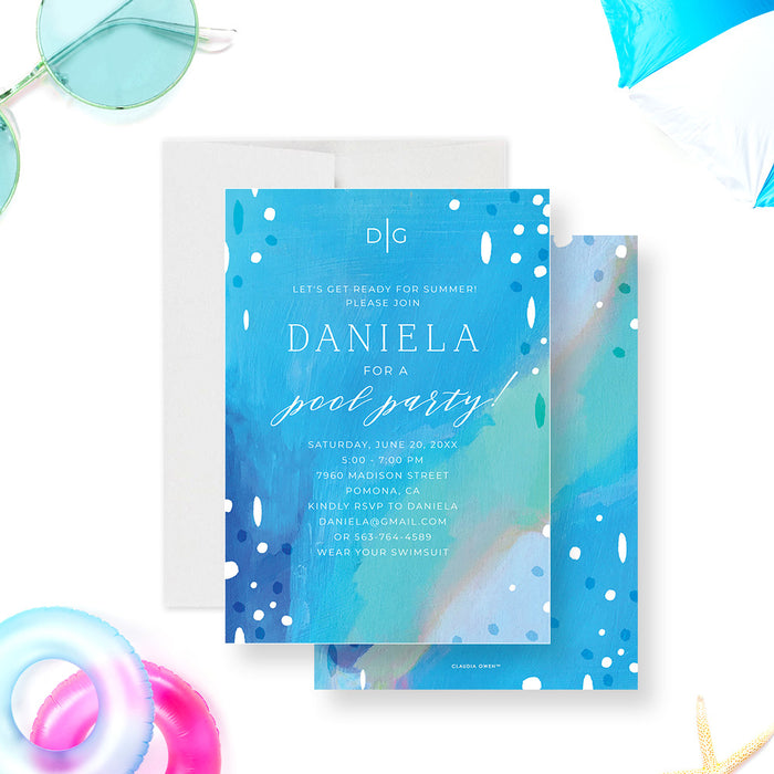 blue painted pool party birthday invitation with cool blue abstract design, white dot details, and summer swim party wording-front-back