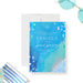 blue painted pool party birthday invitation with cool blue abstract design, white dot details, and summer swim party wording-front