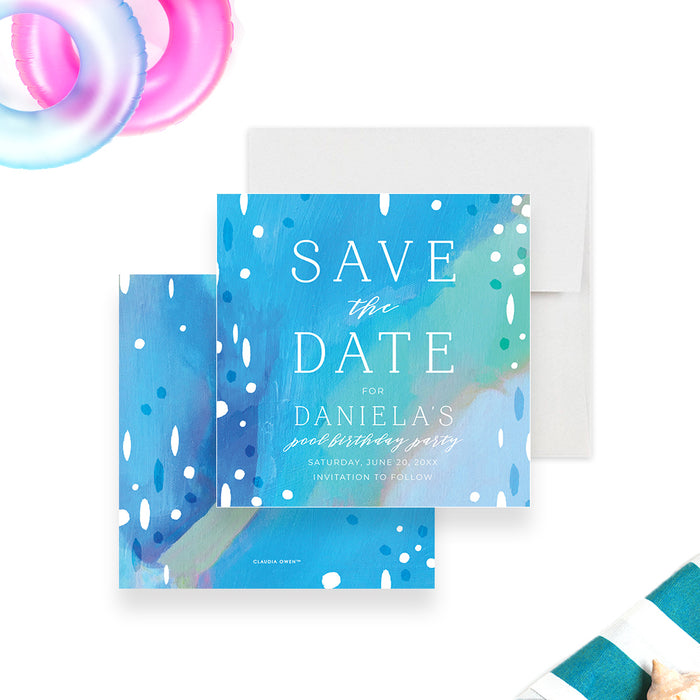 blue painted pool party save the date card with abstract blue design, white dot details, and summer birthday party wording-front-back