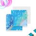 blue painted pool party save the date card with abstract blue design, white dot details, and summer birthday party wording-front-back