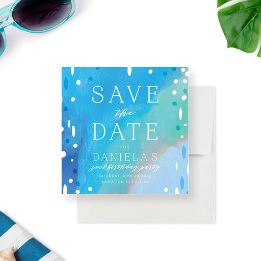 blue painted pool party save the date card with abstract blue design, white dot details, and summer birthday party wording-front