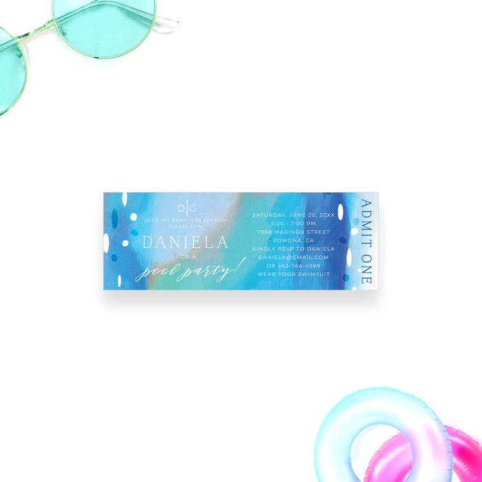 blue painted pool party ticket invitation with abstract blue design, white dot details, swim party wording, and admit one panel