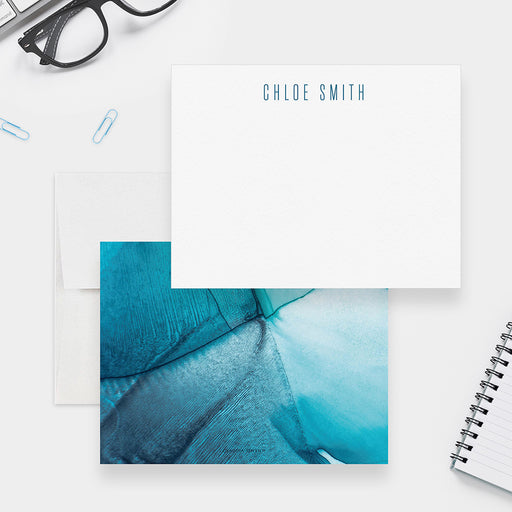 Blue personalized note cards with custom name and abstract watercolor design