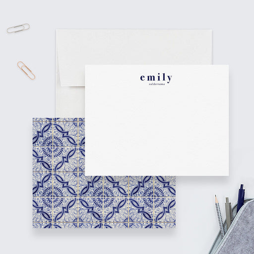 Personalized note card featuring traditional Portuguese-inspired tile design