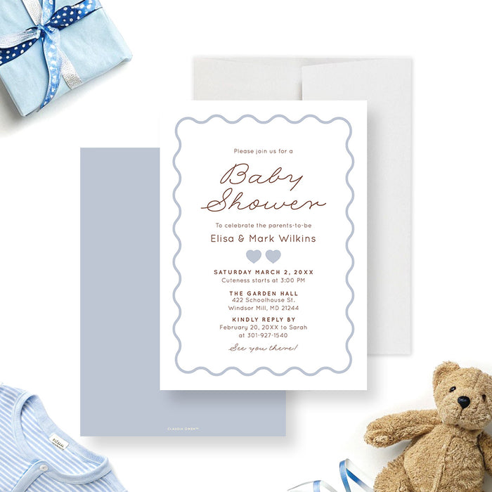 Personalized baby shower invitation with blue wavy border, heart accents, and elegant script text-front-back