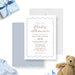 Personalized baby shower invitation with blue wavy border, heart accents, and elegant script text-front-back