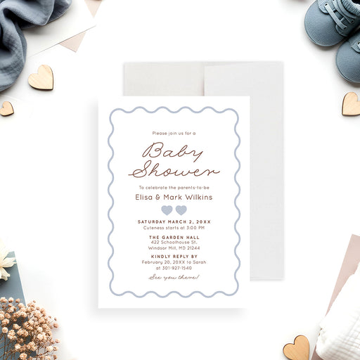 Personalized baby shower invitation with blue wavy border, heart accents, and elegant script text-front