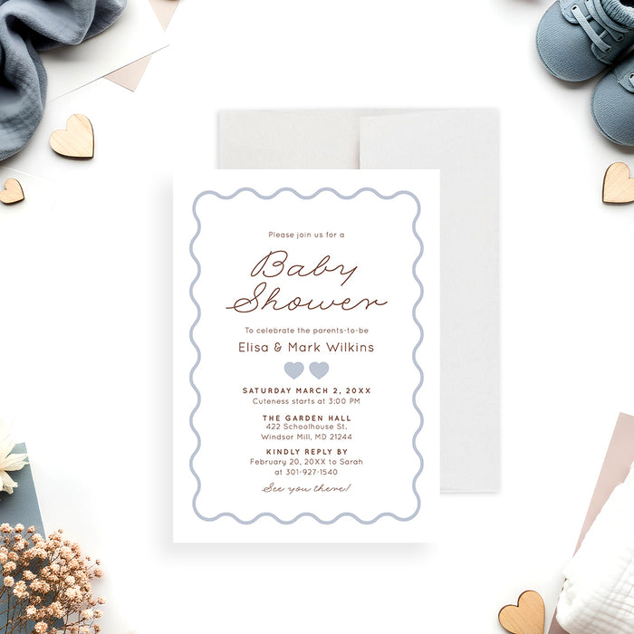 Personalized baby shower invitation with blue wavy border, heart accents, and elegant script text-front