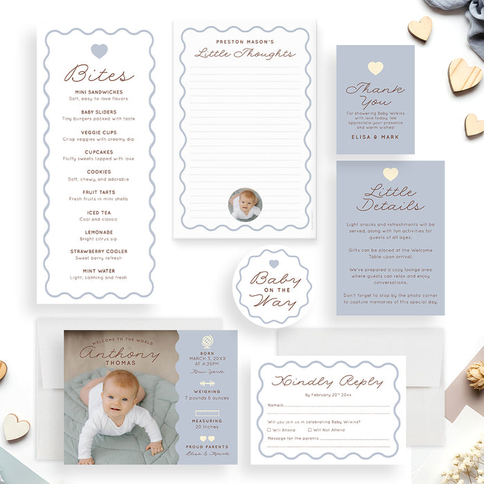 Personalized Baby Shower Invitation Blue Wavy Border