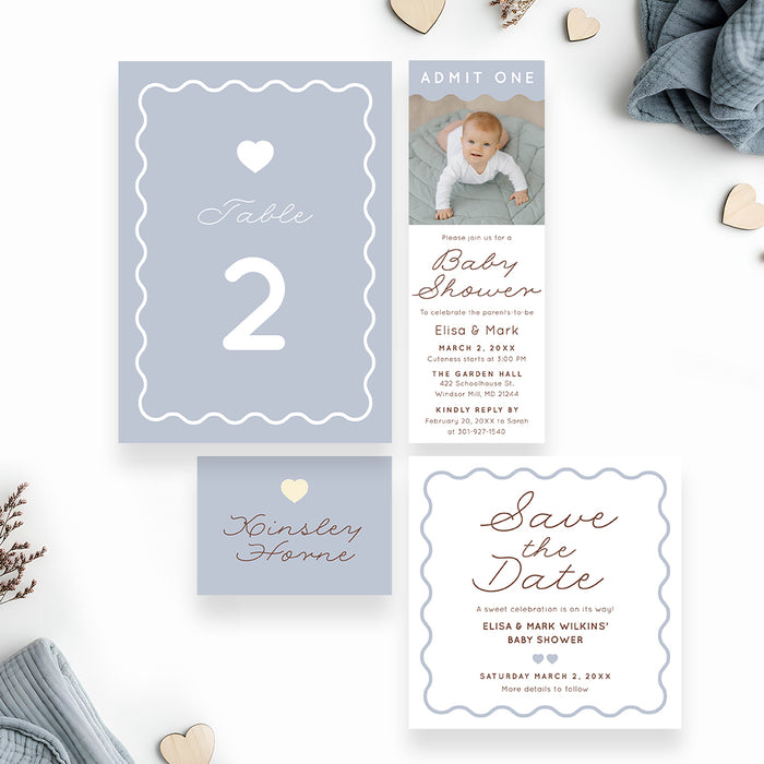 Personalized Baby Shower Invitation Blue Wavy Border