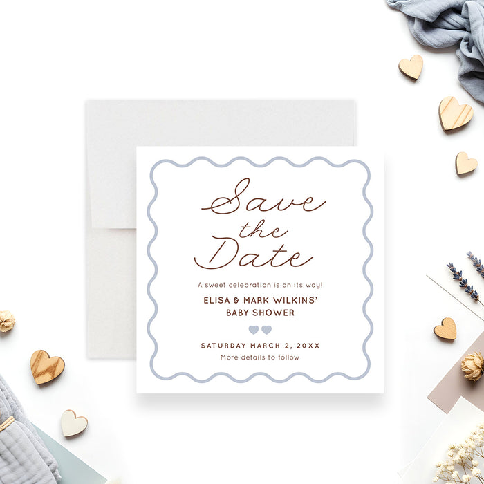 Personalized baby shower save the date card with blue wavy border and heart details-front