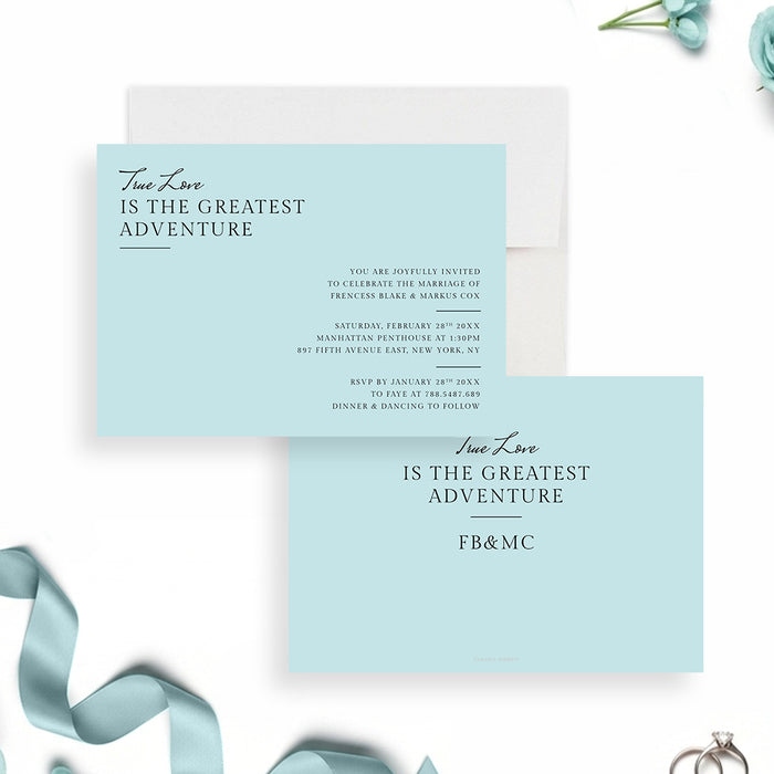 Modern minimalist blue wedding invitation with clean layout and elegant typography for a stylish wedding celebration-front-back