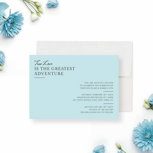 Modern minimalist blue wedding invitation with clean layout and elegant typography for a stylish wedding celebration-front