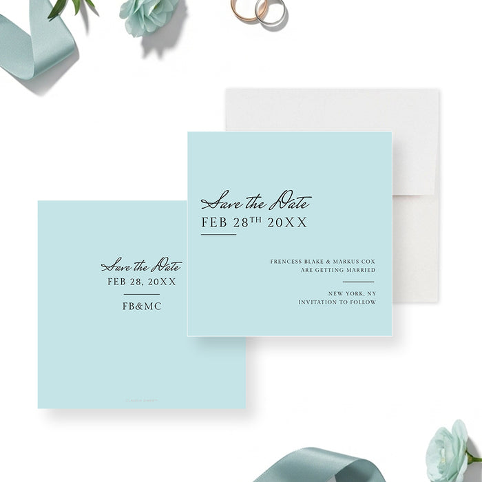 Modern minimalist blue wedding save the date card with elegant script lettering and clean layout-front-back