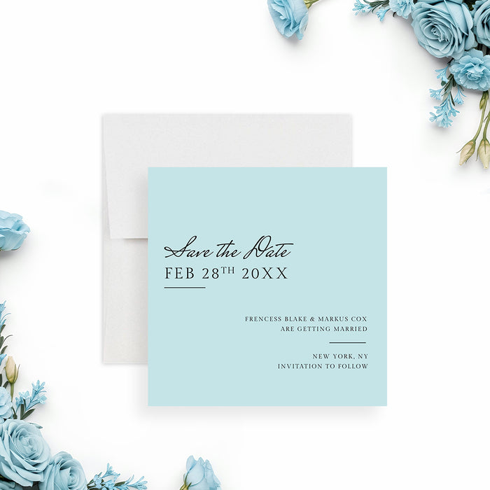 Modern minimalist blue wedding save the date card with elegant script lettering and clean layout-front