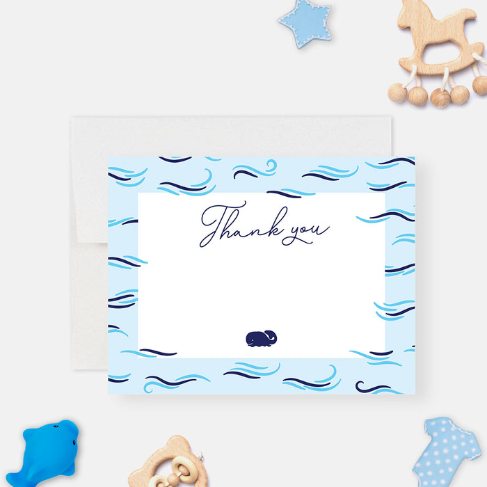 Blue whale baby shower thank you card with under the sea theme