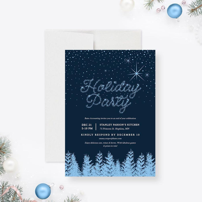 Elegant blue winter holiday party invitation with frosted trees and starry sky