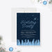 Elegant blue winter holiday party invitation with frosted trees and starry sky