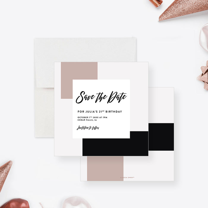 Personalized 21st birthday save the date card with blush, black, and white geometric color blocks and party details