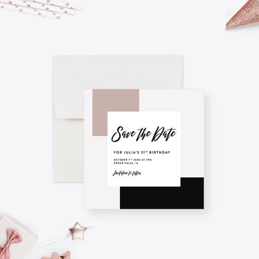 Personalized 21st birthday save the date card with blush, black, and white geometric color blocks and party details