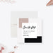 Personalized 21st birthday save the date card with blush, black, and white geometric color blocks and party details