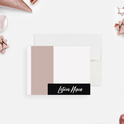 Personalized note card with blush, black, and white color blocks, and a custom name in white script lettering.