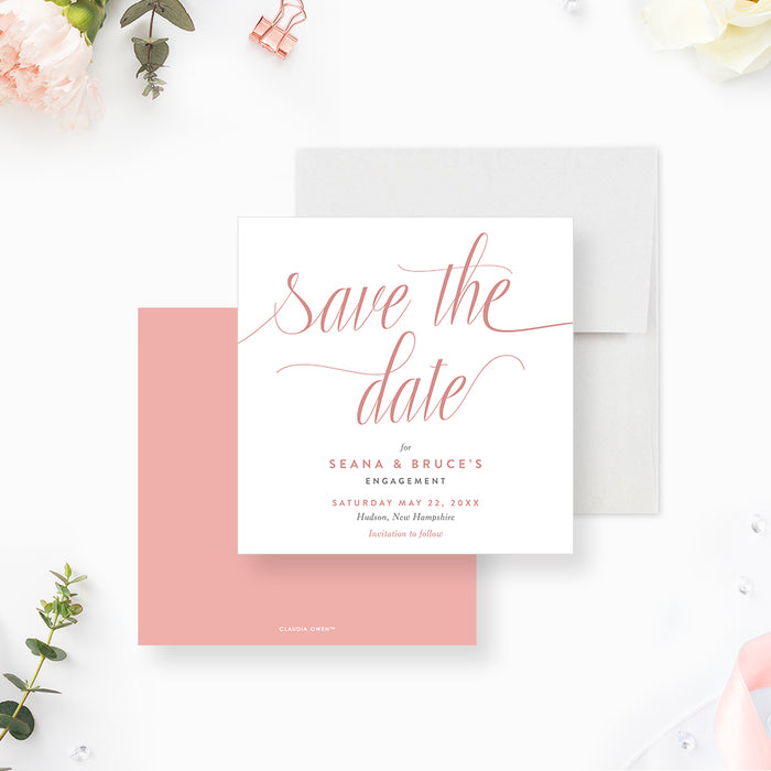 Blush engagement save the date card with elegant script lettering and minimalist layout for wedding or engagement event-front-back