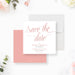 Blush engagement save the date card with elegant script lettering and minimalist layout for wedding or engagement event-front-back
