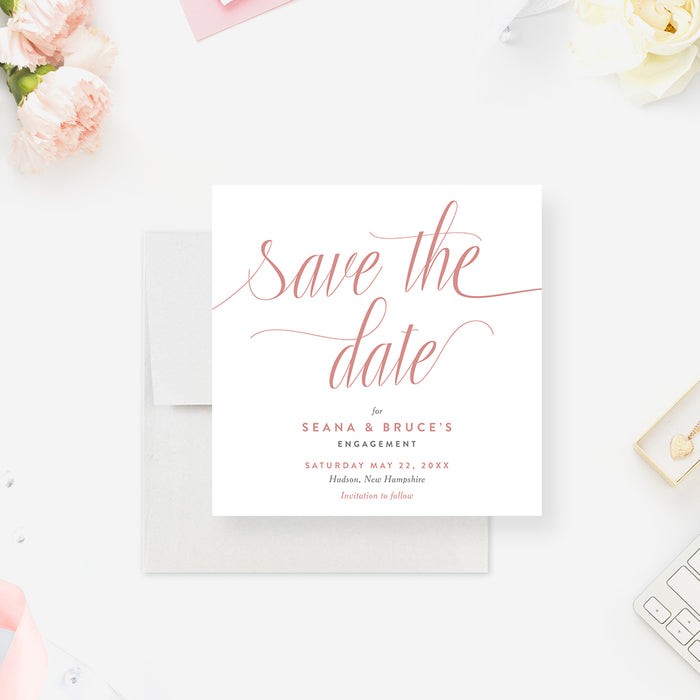 Blush engagement save the date card with elegant script lettering and minimalist layout for wedding or engagement event-front