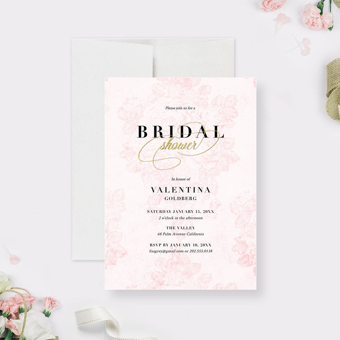 blush pink bridal shower invitation with vintage rose illustration and elegant gold script
